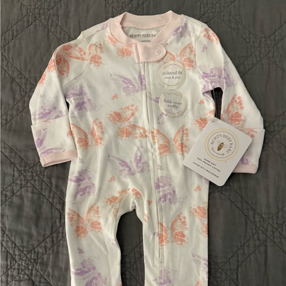 NWT Burts Bees Baby Girl NB Sleeper – Soft Cotton with Pink & Purple Butterflies